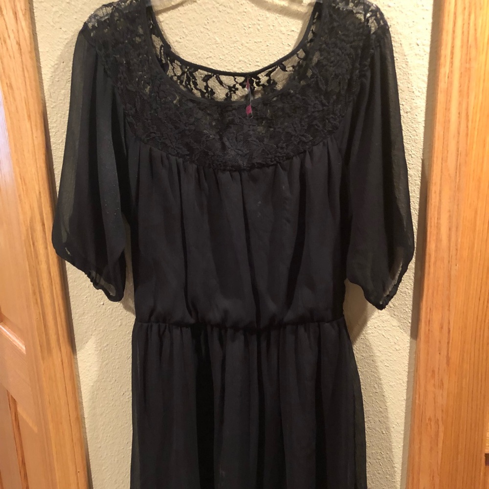 Black chiffon dress with lace neckline